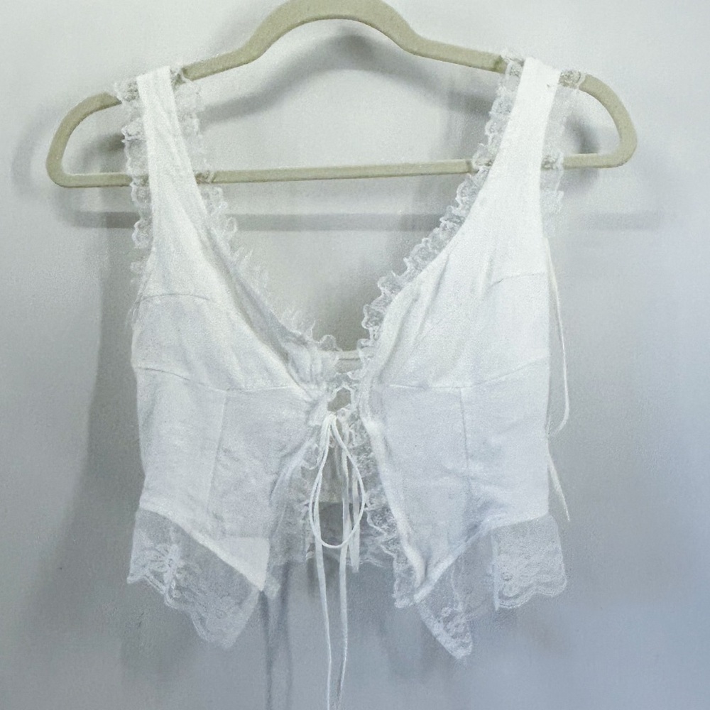 White Lace Coquette Corset Crop Top Butterfly Hem Tie-Front Cami Festival Small